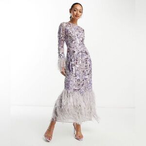 ASOS Sequin and Faux Feather Fringe Midi Dress Lilac